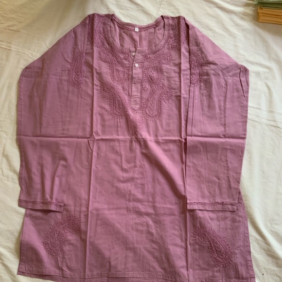 Tunic Kurta Woman’s Top Hand Embroidered 100% Cotton Paisely Print Purple - Picture 3 of 7